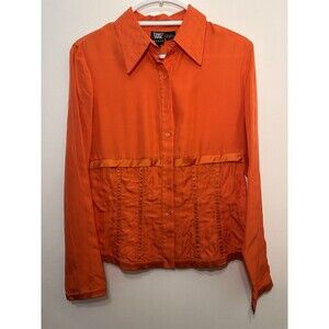 WORTH Orange 100% Silk Button Front Blouse Quilted Detail Size 10